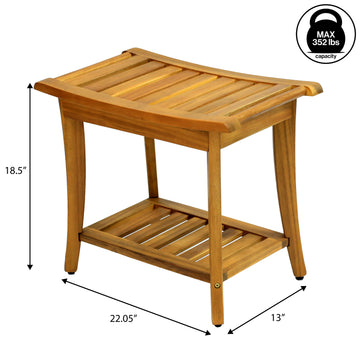 Tucker 22.1" Traditional Classic Slatted Solid Acacia Wood Indoor/Outdoor Shower Bench with Shelf and Handle